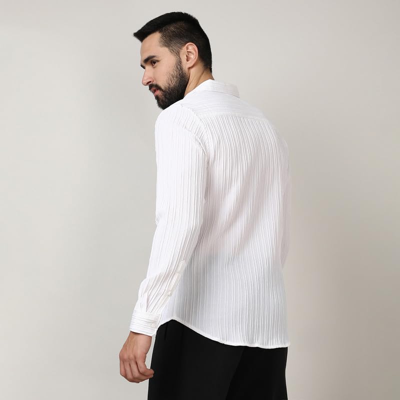 Image of CAHOOT Men's Self-Design Striped Shirt for Casual Wear | Spread Collar | Long Sleeve | Button Closure | Shirt Crafted with Comfort Fit for Everyday Wear