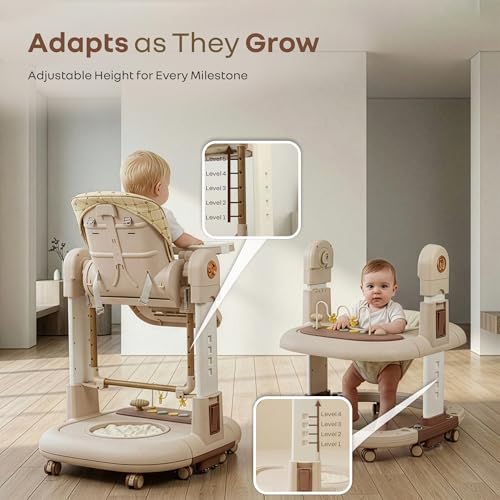 Image of R for Rabbit Marshmallow Trio 3 in 1 High Chair for Kids with Swing & Baby Walker | Light & Music Toy Tray, Dual Meal Tray, 5-Point Harness, Feeding Chair for 6 Months to 5 Years (Beige)