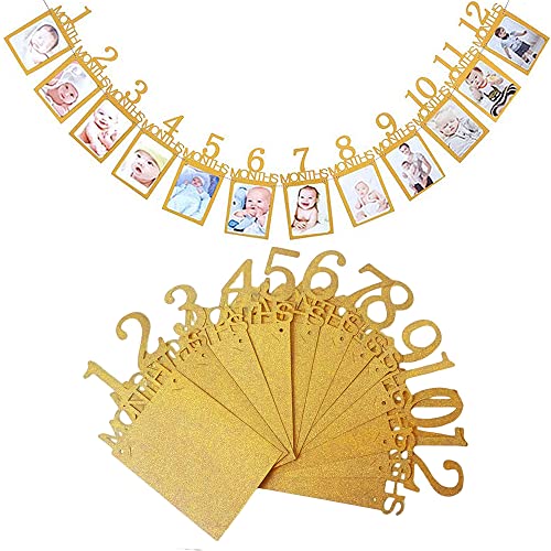 誕生日 写真 ガーランド フォトフレーム 飾り付け 1歳 12ヶ月 バースディ パーティー お祝い 装飾 壁掛け 写真フレーム 写真立て 記念日 赤ちゃん 結婚 ひも付き (ゴールド)のサムネイル