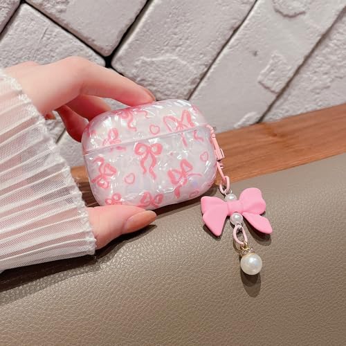 Image of MINSCOSE for Cute Glitter AirPods Pro 2nd /1st Generation Case,Shell Pattern Bow Ribbon Trendy Design with Bowknot Pearl Keychain,Protective Shockproof Cover for Airpods Pro /Pro 2-Pink