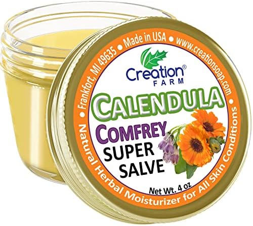 Calendula Comfrey Super Salve by Creation Farm, Herbal Balm, Moisturizer, and Ointment with No Gluten, Soy, GMO or Parabens, Made in USA Comforts many issues.