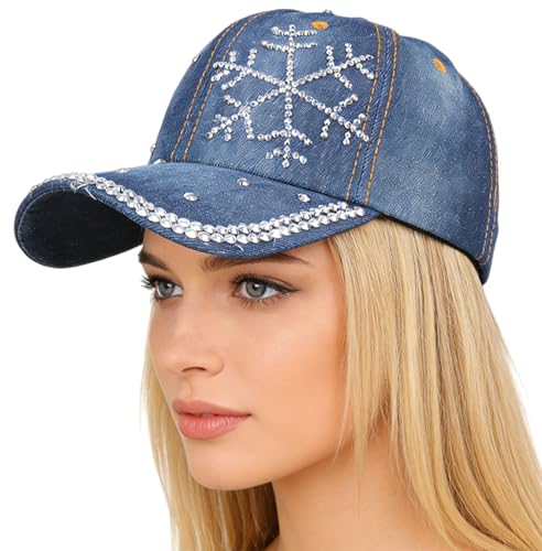 Rhinestone Denim Baseball Cap for Women Fashion Sun Hat Metal Buckle Adjustable Bling Diamond Traveling Hat (US, Alpha, One Size, NevyBlueSnowflake)