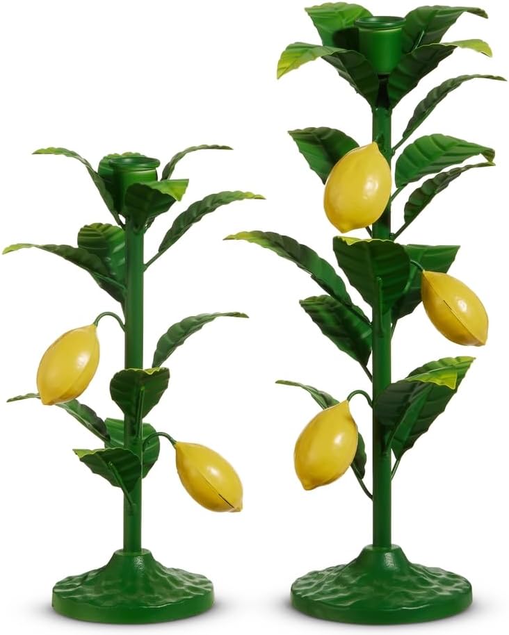 RAZ Imports Lemon Vine Taper Candle Holders, Iron Candlestick Set of 2 with Lemon and Leaf Design, Green and Yellow, 12.5 Inches