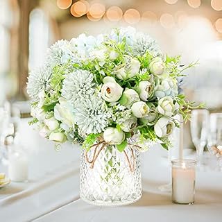 KELINGO Artificial LED Green Rose Flowers with Glass Vase, Remote Control Led Light, Flower Arrangement for Table Centerpiece, Home Office Wedding Decoration (Green)