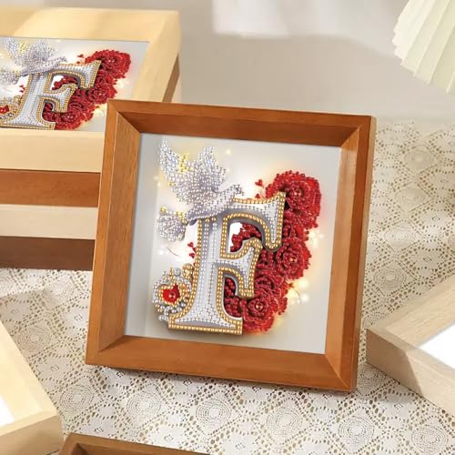 Image of AiYuanzsh 5D Diamond Art Kits for Adults Letter F, Floral Rose & Dove Themed Crystal Rhinestones Diamond Painting, DIY Luxury Initial Diamond Art for Romantic Wall Decor 17x17cm