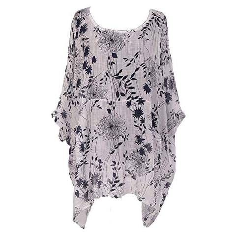 OgLuxe Women Italian Lagenlook Beach Floral Batwing Oversized Summer Flowy top with Two Pockets Round Neck 3/4 Sleeve Plus (White, One Size Fits UK (18-28)) Cover