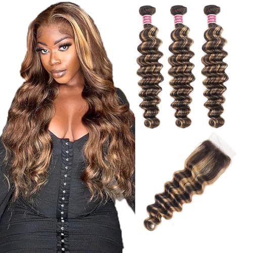Highlight Ombre Bundles Human Hair with Closure 16 18 20+16free Loose Deep Wave Ombre Blonde Bundles with 4x4HD Lace Closure 10A Loose Wave Bundles