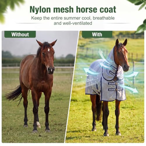 Image of Horse Summer Sheet Breathable Mesh Blanket with Neck, Size 76 Light Gray | Full Neck Coverage, Adjustable Chest Belly and Leg Straps, Lightweight Sun Cover for Pasture Stable Turnout and Travel