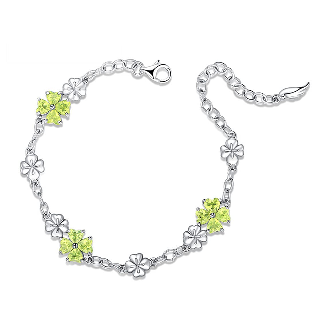 JIANGXIN Lucky Four leaf clover 925 Sterling Silver Birthstone Chain Link Bracelet for Women Gemstone Jewelry Shamrock Birthday Gift 16+4cm