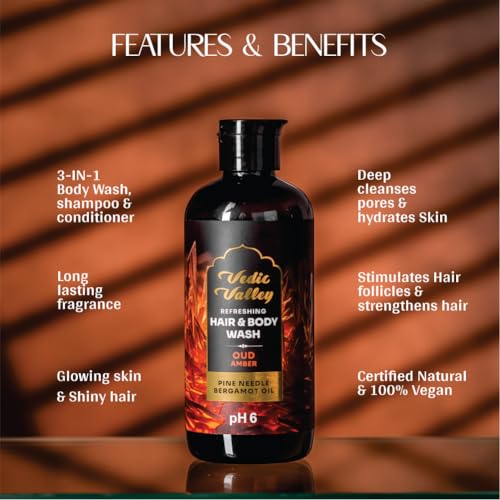 Image of VEDIC VALLEY Natural 3-in-1 Refreshing Oud Amber Hair & Body Wash for Dry skin | Paraben Free Shower Gel for Women & Men Helps Body Acne, Nourished Skin & Shiny Hair| 300 ml