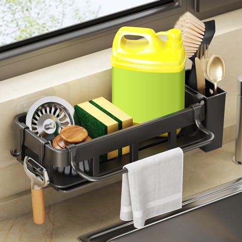 CASONNIK Multi-Functional Sink Caddy,Sponge Holder for Kitchen Sink,Rust-Resistant Large Capacity Kitchen Sink Organizer for Sponge, Rags, Dish Brushes, Detergent And Soap Storage