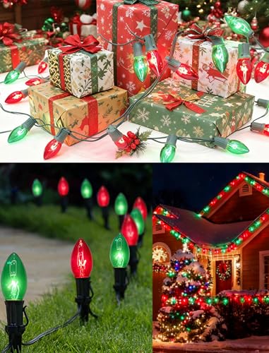 Image of 25Ft C9 Red and Green Christmas Lights Outdoor, C9 Vintage Christmas String Lights with 27 Clear Red Green Bulbs, Hanging Outdoor Christmas Lights for Backyard Prom Roofline Path Party Garden Decor