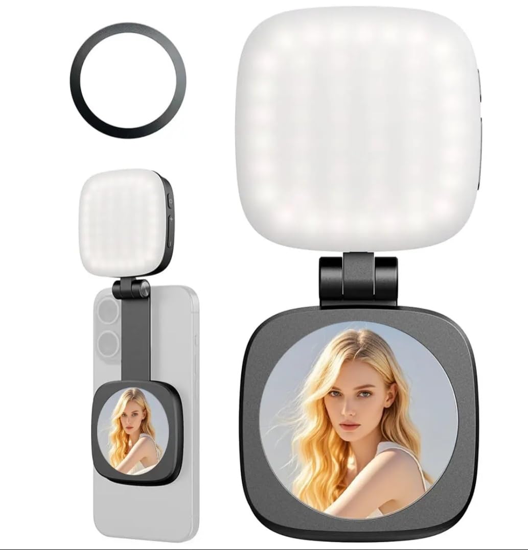 Luce LED magnetica con specchio integrato per smartphone - lampada ricaricabile portatile con temperatura colore regolabile, attacco magnetico, luce calda/fredda per selfie, video e trucco (Nero)