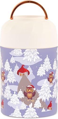 Miniatura 2 de Tarro de comida de búhos de invierno de Navidad con cuchara de acero inoxidable aislado al vacío, contenedor de alimentos de 17 onzas para sopa