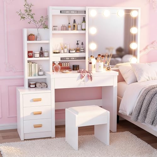 Oyajia Tocador Blanco, Tocador con Espejo y Taburete, 10 Luces LED, Estilo Moderno, Mesa de Maquillaje con Estantes Abiertos y 4 Cajones, para Dormitorio, Salón, 135x80x36 cm