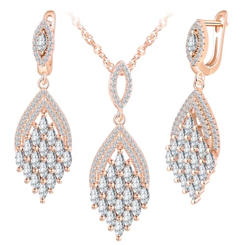 MicLee Collares colgantes y pendientes de circonitas para mujer: Juegos de joyas de plata 925 - Pendientes y collar zirconia en forma de hoja - Joyas de boda elegantes - Joyas de fiesta oro rosa