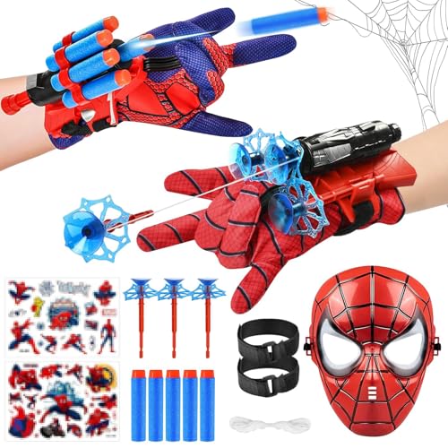2 conjuntos de luvas de lançador, lança teias de aranha, luvas aranha, jogos de lançador Glove, luvas lançadoras de Spider com máscara e dardos luvas, spider criança lançador de heróis Launcher Glove