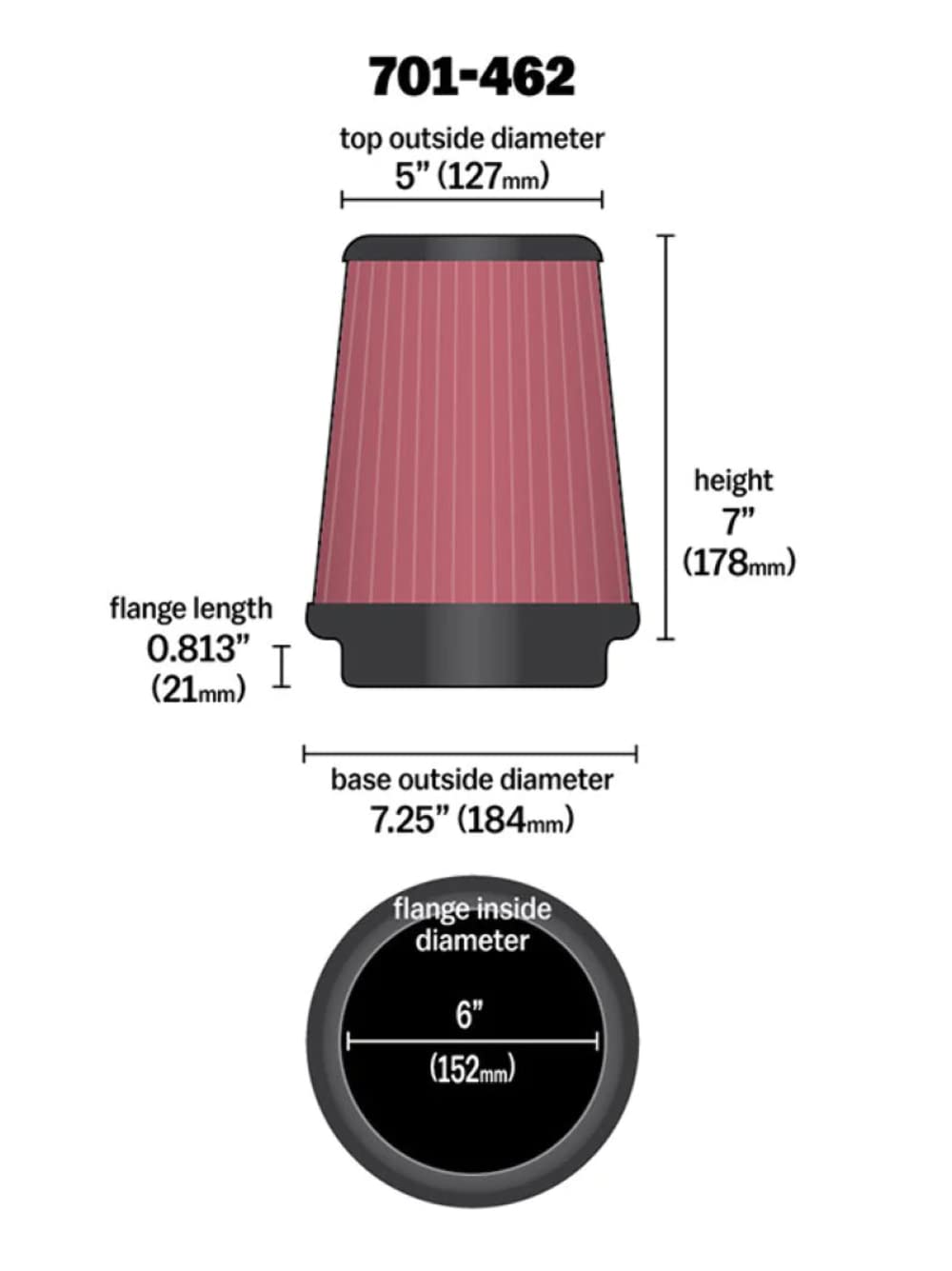Airaid 701-462 Filtro de aire universal con abrazadera: redondo cónico; brida de 152 mm de diámetro interior; altura de 178 mm; base de 184 mm; parte superior de 127 mm