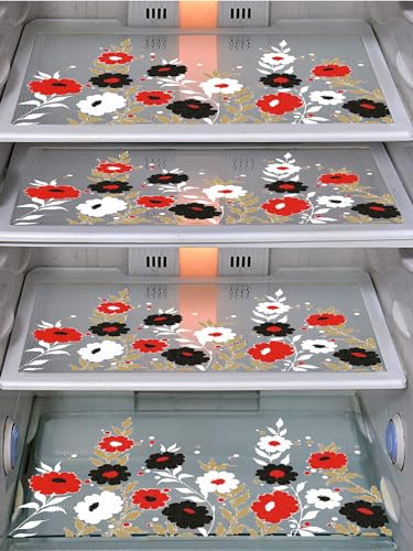 Image of DakshyaIndustries Pack of 4 PVC Printed Fridge Mat /Refrigerator Mat (Red&White)