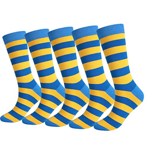 5 Pack Mens High Tube Socks with Striped Cozy Colorful Cotton Fun Novelty Dress Socks, Yellow Blue