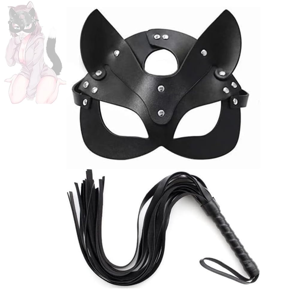 2 piezas de accesorios de juego de rol de cuero PU negro para fiestas, látigo y máscara de zorro