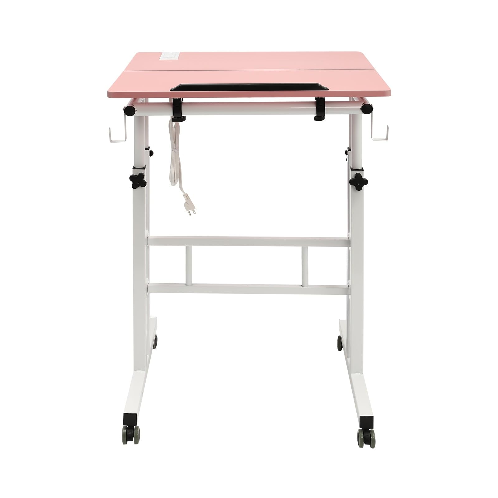 Small Adjustable Standing Desk with Wheels Home Office Workstation Portable Rolling Desk Laptop Cart Pink