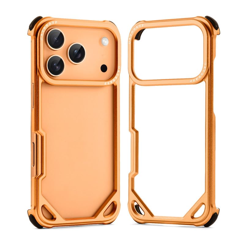 Image of Aluminum Frame Metal Bumper Compatible with iPhone 17 Pro Max | Simple Shield Air Cushion Shockproof | Edge Protection, Minimalist Slim - Orange Titanium