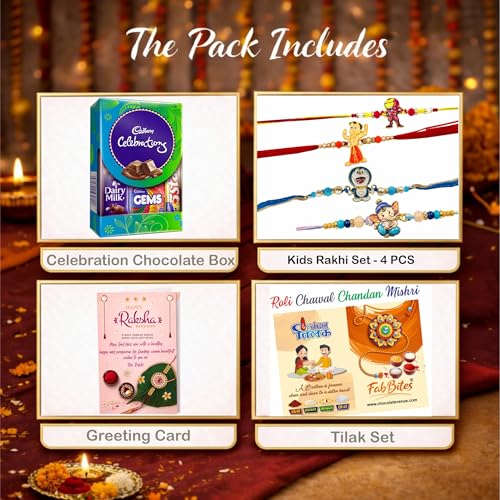 Image of Cartoon Rakhi for Kids Set of 4 with Chocolate- Cute Adorable Kids Rakhi for Teenager,Toddler,Boy,Girl,Baby,Younger /Small /Little Brother with Chocolate Gift