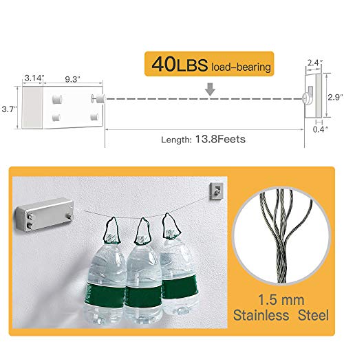 Image of BESy Retractable Clothesline ABS case+Aluminum Dryer with Adjustable Stainless Steel Double Rope String Hotel Style Heavy Duty,Wall Mounted Method, 13.8 Feets,Silver