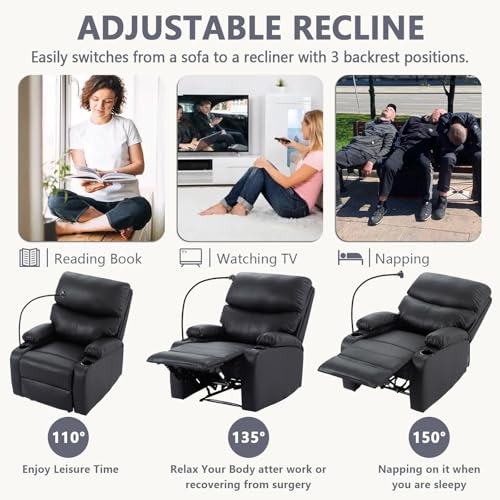 Sillón reclinable piel negro con portavasos miniatura 6