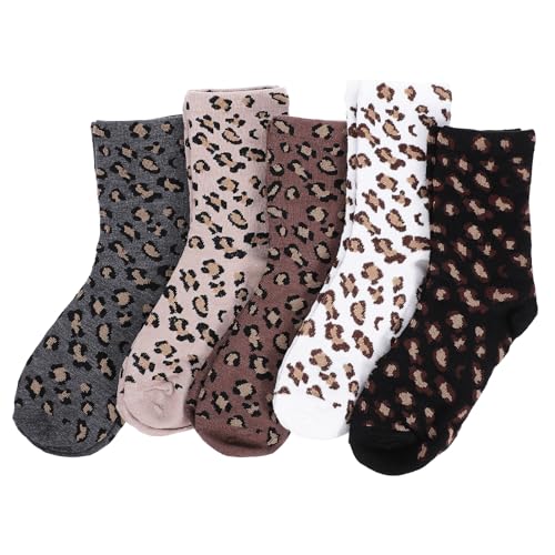 XLIUAX Lot de 5 paires de chaussettes à imprimé léopard, chaussettes en coton respirant et décontractées, motif léopard pour femme, cadeaux quotidiens à la maison, randonnée