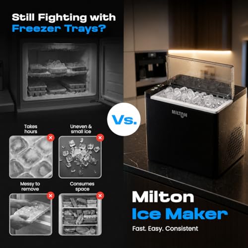 Image of Milton Ice Maker Machine 1.5L | 9 Bullet Ice Cubes in 6-8 Mins | 12Kg /24Hrs | 2 Size ice cubes | Portable Countertop Ice Maker for Home, Kitchen, Office & Parties | Black (1 year warranty)