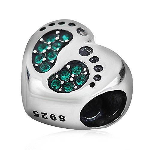 Heart Love Baby Footprints Charms 925 Sterling Silver Jan-Dec Birthstone Crystal Charms Beads For Bracelets (Green May Stone) #TOP2