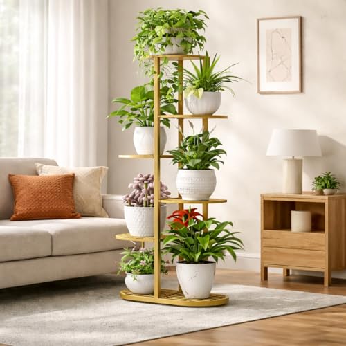 Image of Giore Trendy Ultra Luxury Metal 6 Tier 7 Potted Plant Stand , Flower Pot for Living Room, home decor, Indoor & Outdoor plants(Gold, Corner Shelf) - Free Standing,