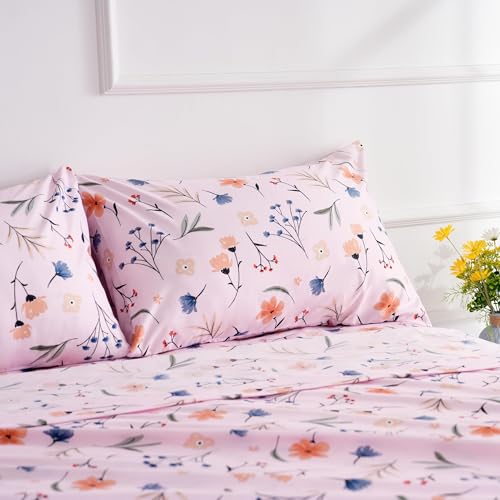 Image of Pink Flower Twin Sheets 3 Piece Set - Botanical Pattern Microfiber Bedding Decor - Breathable, Durable, Up to 16 inch Deep Pocket Bed Sheet for Girls