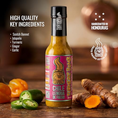 Image of Chile Lengua de Fuego Turmeric Bomb - Golden Turmeric & Scotch Bonnet Hot Sauce, Earthy & Bold, Small Batch, 5 oz Bottle (Pack of 3)
