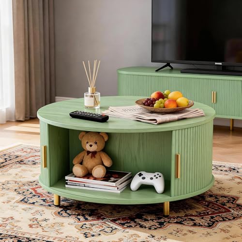 Image of DHH Round Coffee Table, 31.5 inch Mid Century Modern Coffee Table with 360 Sliding Tambour Door, Fluted Accent Table with Storage Adjustable Footpads for Living Room (Green)