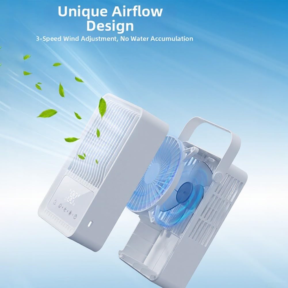Ventilatore nebulizzatore silenzioso ricaricabile con serbatoio dell'acqua da 600 ml, raffreddamento dell'aria 4 in 1 con LED a 7 colori, timer 8 H, ventola di raffreddamento portatile USB-C, per