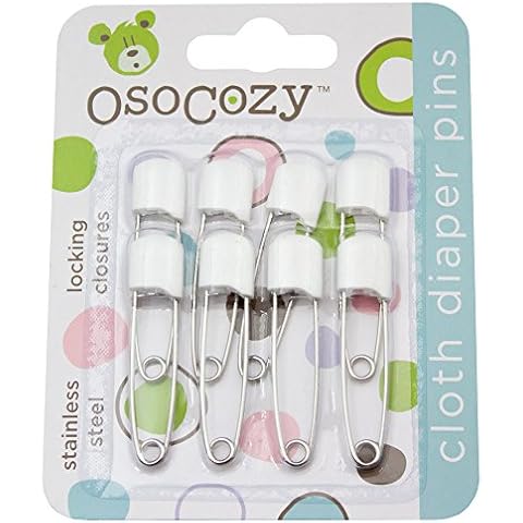 OsoCozy Diaper Pins - {White} - Sturdy, Stainless Steel Diaper Pins with Safe Locking Closures - Use for Special Events, Crafts or Colorful Laundry Pins , 8 Count (Pack of 1) Cover