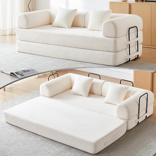 QQR Convertible Folding Mattress Couch, 5-in-1 Futon Sofa with Armrests, Sleeper Mattress Sofa Bed Comfy Fold Out Bed for Living Room, Bedroom, Lounge,Guest, Office (White)