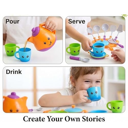 Image of Crackles Pretend Play Solid Colour Tea Party Kitchen Play Set Toy with Teapot, Cups Pretend Play Cooking Set, Toy Pots N Pans, Cookware, Utensils