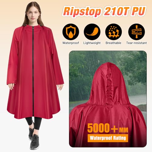BTNEEU Regenponcho Damen Regencape Wasserdicht mit Reißverschluss Rain Poncho Festival Wiederverwendbar Regenmantel mit Kapuze und Ärmeln Regenjacke Fahrrad Lang für Wandern Camping Draussen (Rot)