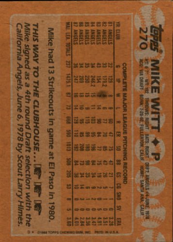 Amazon.com: 1988 Topps Baseball Card #270 Mike Witt : Collectibles 