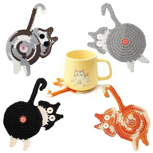 4PCS Cute Cat Coaster 16x10cm Drink Coaster Cat Gifts for Kinds Cups Non-Slip Handmade Cute Knitted Coasters Cute Coffee Coaster Fun Woven Creative Drink Coaster Cat Gifts for Home Decor