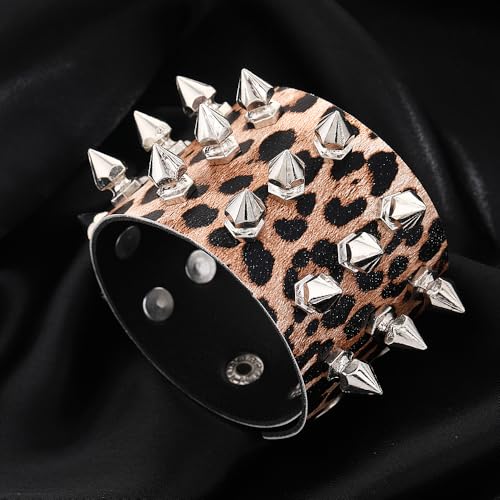 Leopard Spike Studded Leather Bracelet - Rock Punk Biker Wide Strap Leather Cuff Wristlets - Gothic Rivet Buckle Wristband2