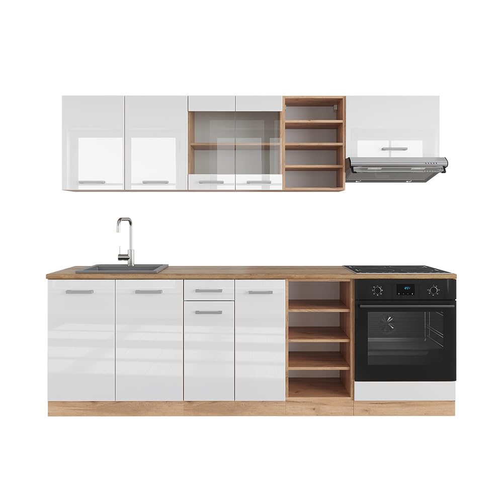 Vicco Küchenzeile R-Line, Weiß Hochglanz/Goldkraft Eiche, 240 cm