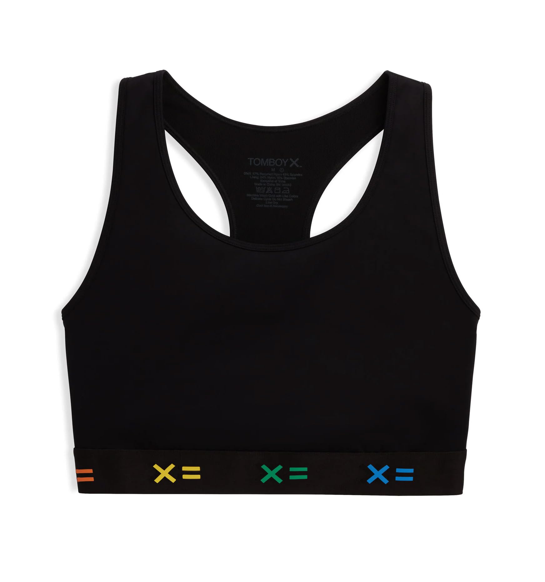 TomboyX Racerback Compression Bra Wireless Medium Support Top Smooth Flatlock Seams Full Coverage Athletic Bra (XS-6X), Black X= Rainbow, XS
