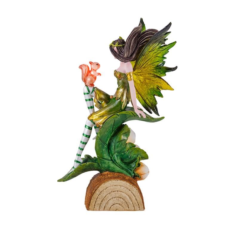 DRW Figura Hada Verde sobre Tronco con una Ardilla de Resina Pintada a Mano 21 cm