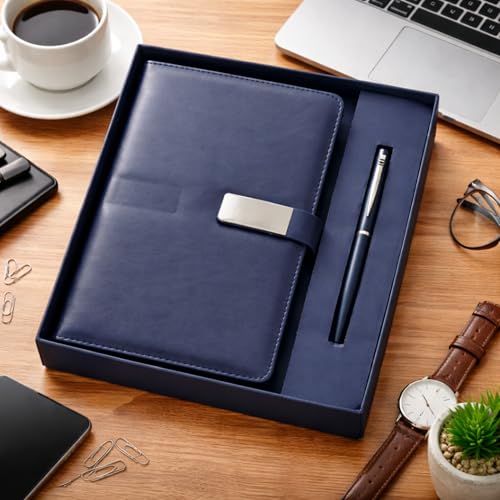 Image of Diary & Pen Gift Set with Magnetic Closure, Vegan Leather Notebook with Classic Ball Pen, 192 Pages 80 GSM Ivory Paper for Office Corporate Gift (Navy Blue)