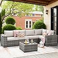 ovios 6 Pieces Patio Furniture Set, Outdoor Wicker Sectional Sofa with Coffee Table Comfy Cushions, Modern Modular Deep Seat Rattan Couch Conversation Set, Beige